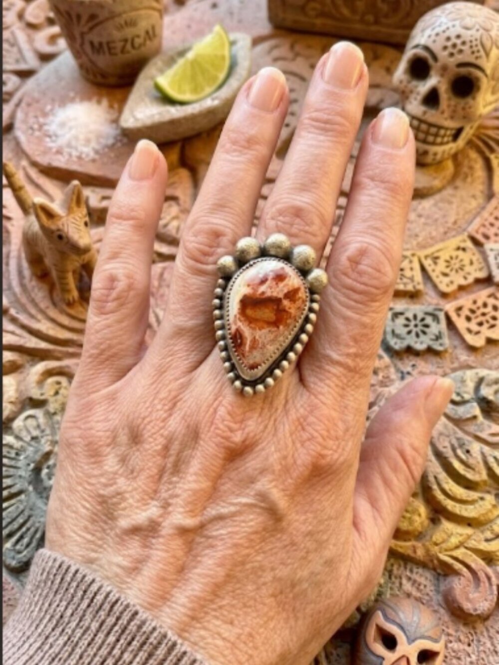 Sterling Steel Cantera Mexican Opal Ring